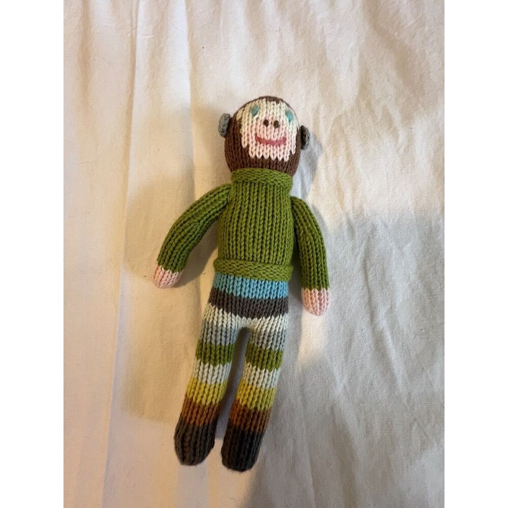 Blabla knitted 7" Lovey Boy Monkey Rattle Striped Pants 100% Cotton Peru